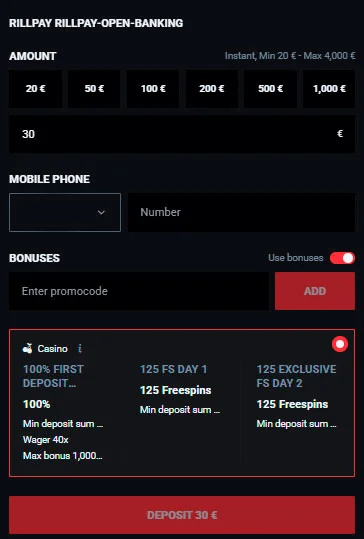 Activate bonus at Cobra Casino